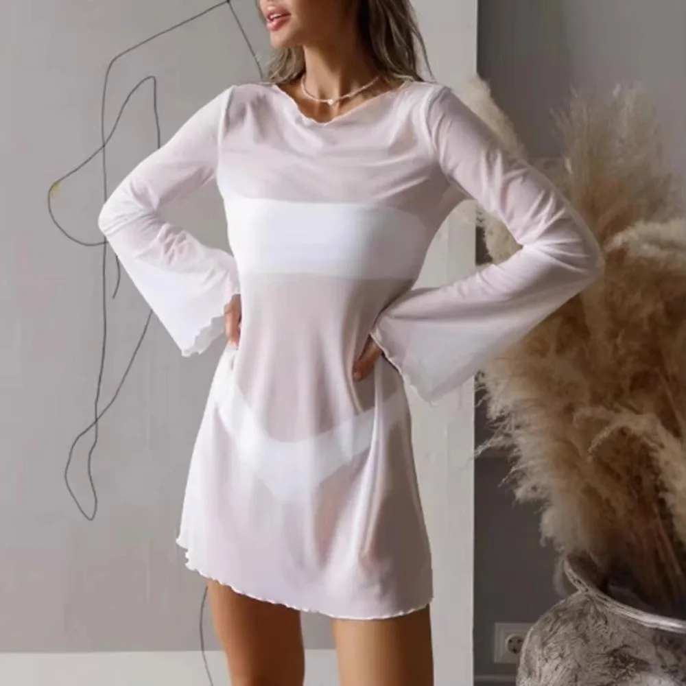 Fashion Sheer Mesh Swimsuit Cover Up Long Bell Sleeves Mini Dress Bikini Cover Up Round Neck Thin Beach Bodycon Dress