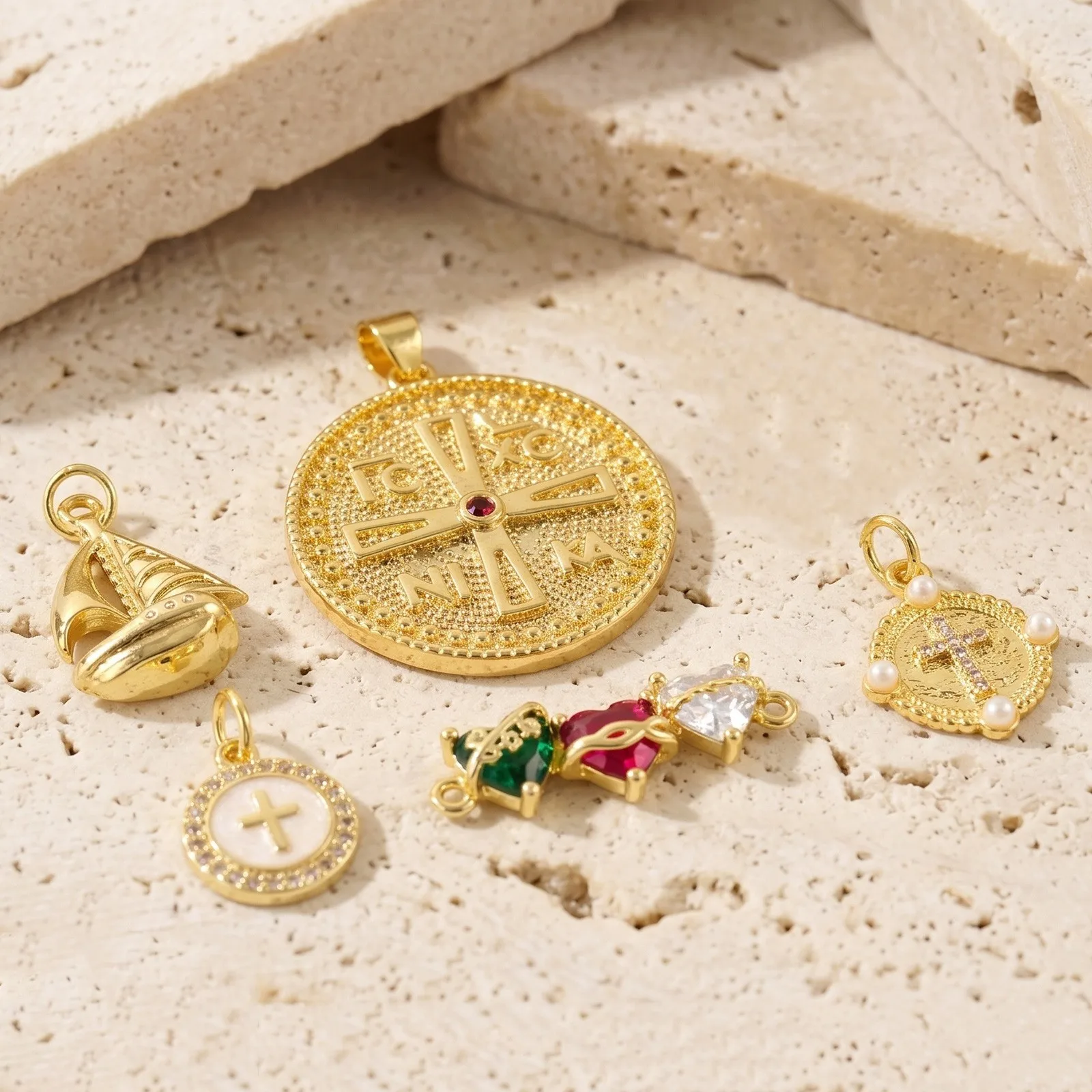 2pcs Heart Round Cross Charms 18K Gold Plated Multicolour Cubic Zirconia Brass Pendant For DIY Necklace Jewelry Making Wholesale