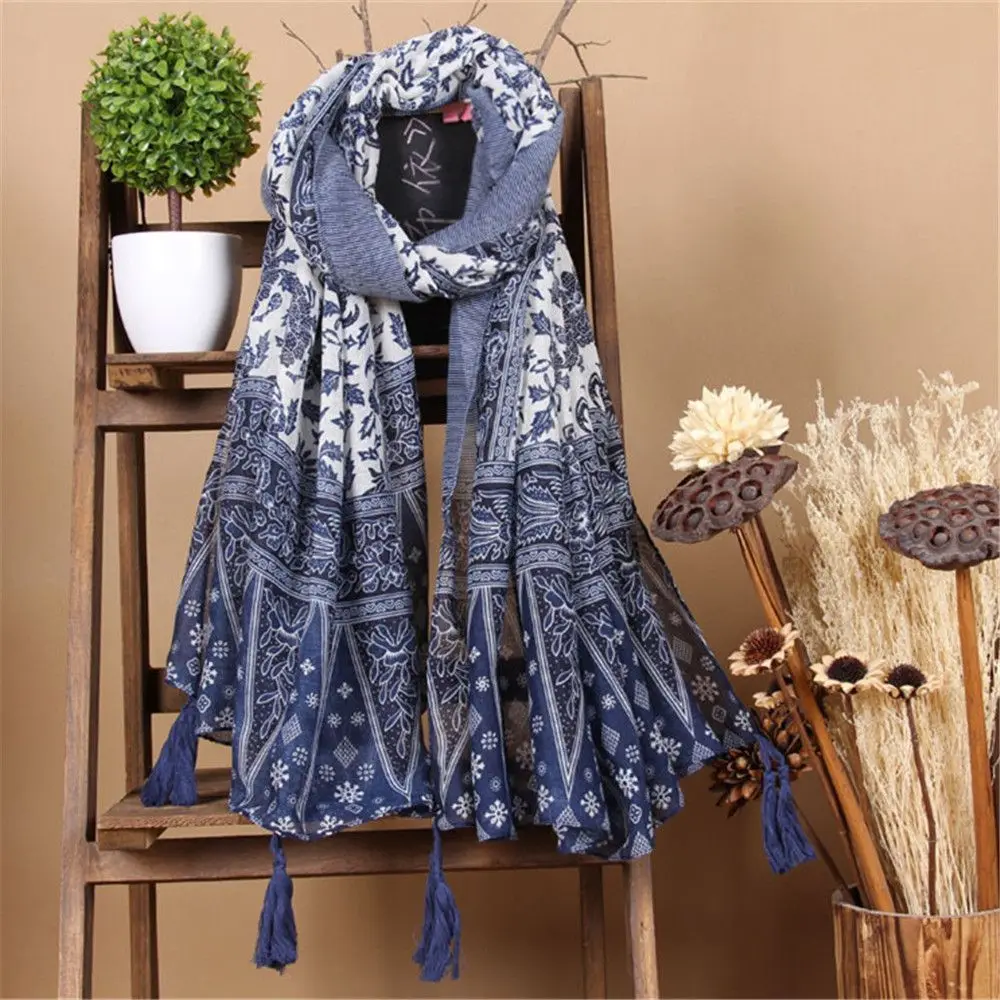 Elegance 110*180cm Bufandas Female Shawl Large Pashmina Tassel Blue and White Porcelain Scarf