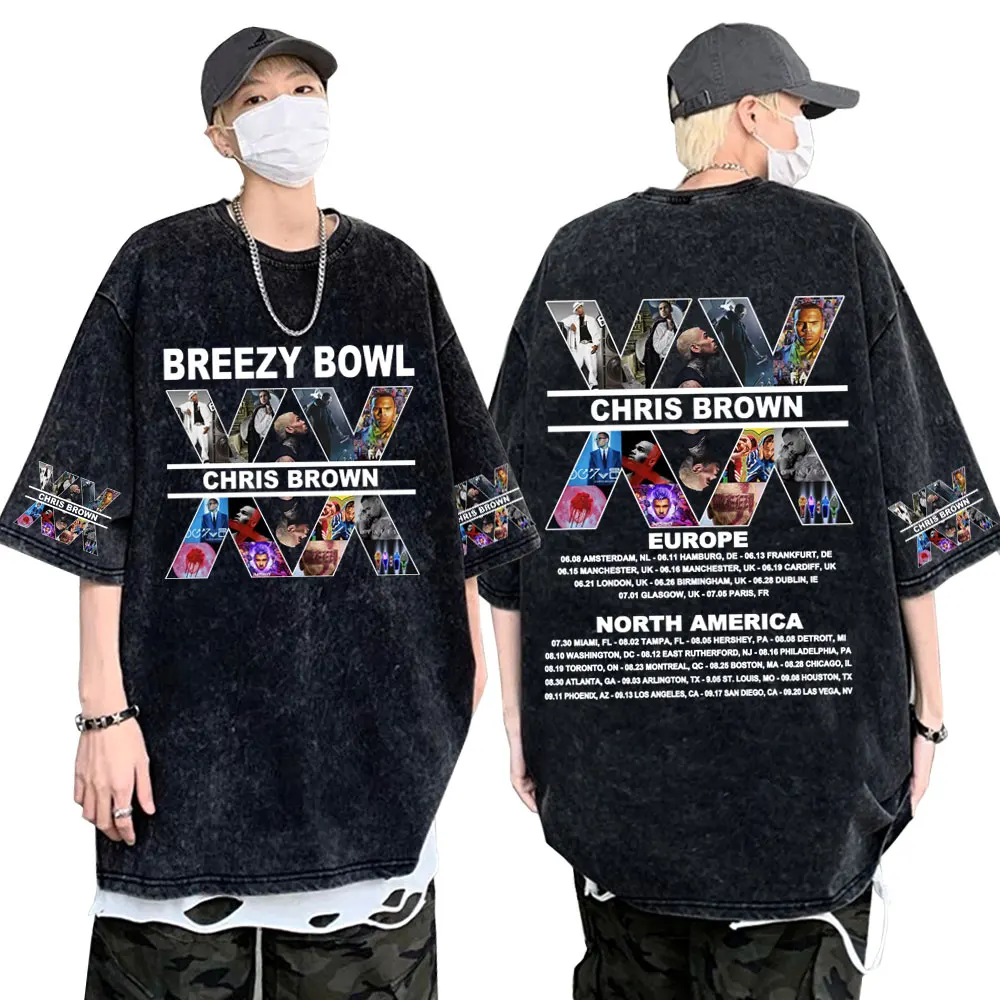 

Washed Vintage Rapper Chris Brown Graphic T-shirts Breezy Bowl XX Tour 2025 T-shirt Men Women Hip Hop Oversized Retro Streetwear