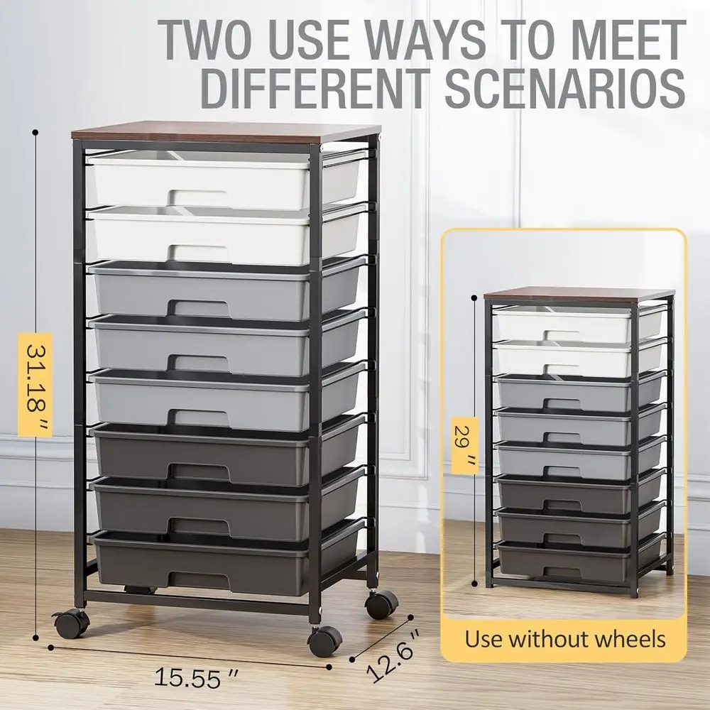 عربة تخزين دوارة ذات 8 أدراج باللون الرمادي مع سطح خشبي - مثالية للمعلمين والمكاتب وغرف الحرف اليدوية #3