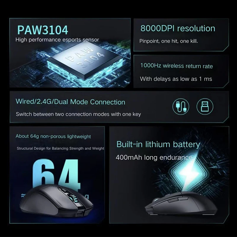 New Thunderobot ML602 Wired Mouse PAW3104 8000DPI Dual-mode Thin And Light Gaming E-sports Mouse Laptop 2.4GHz Wireless Mouse