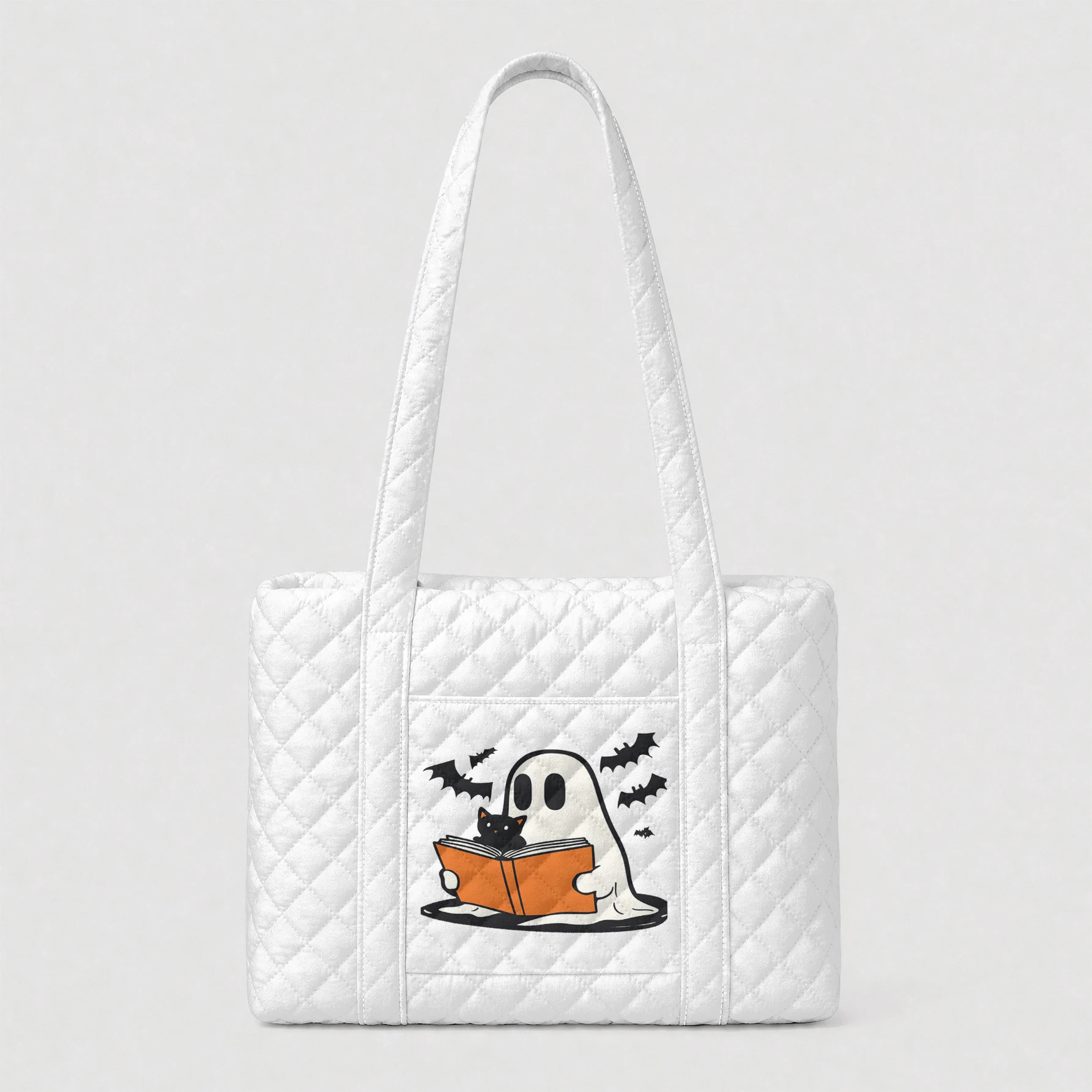 Ghost Reading Book with Cat Bat Print Quilted Tote Bag Large Capacity Shoulder Bag For Shopping Travel Daily Use