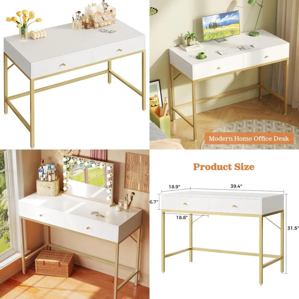 Modern White and Gold Vanity Desk with 2 Drawers, Compact Makeup Desk, Home Office Writing Desk for Small Spaces