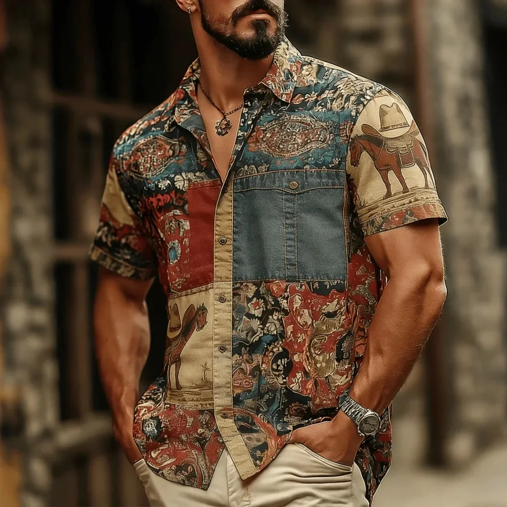 Men's Shirt Geometric Square Stripe Print Short Sleeve Turn Down Collar Loose Summer Street Casual Tops Mens Clothing
