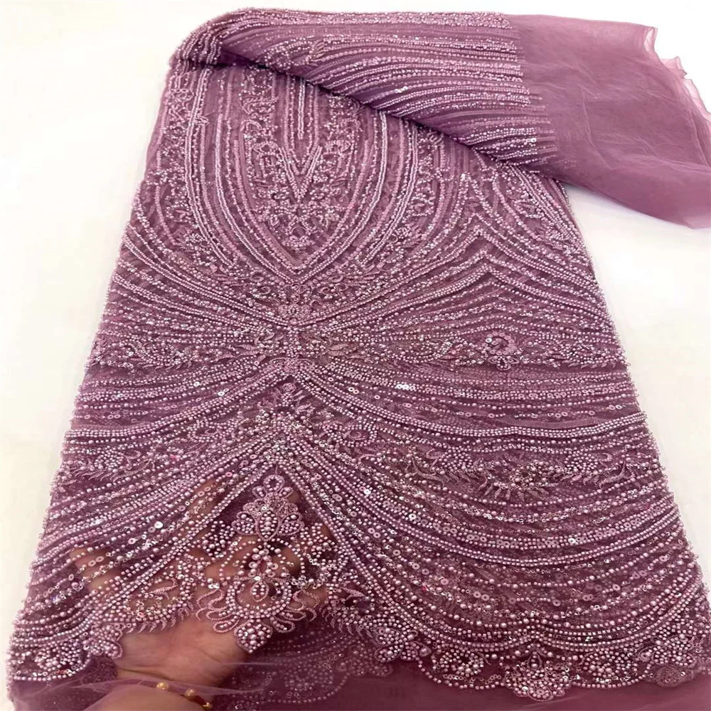 African French Sequined Lace Fabrics 2024 High Quality Heavy Beaded Tulle Lace 5 Yards Nigerian Embroidered Material For Dresses