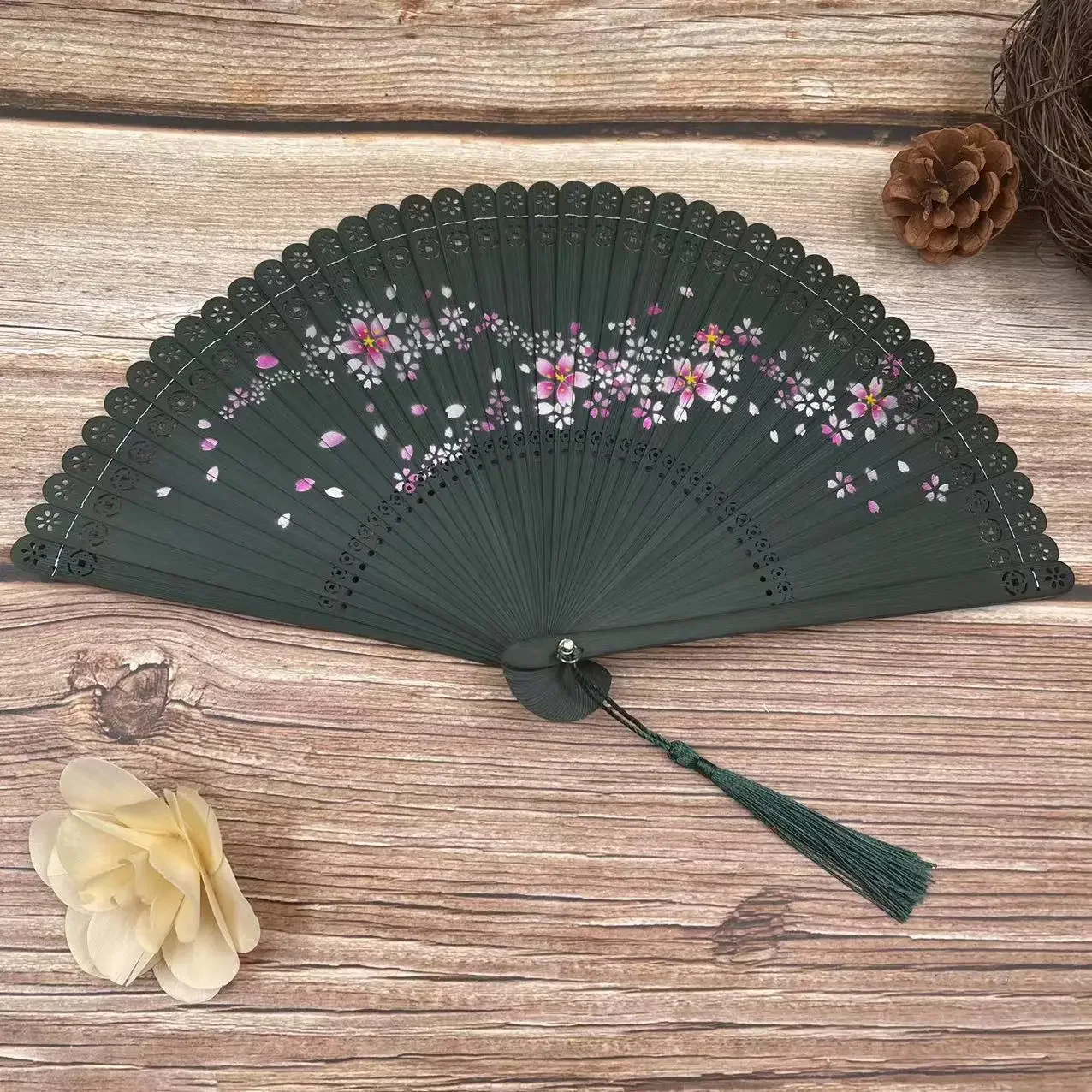 Full bamboo cherry blossom fringed folding fan, Chinese ancient style photo, inkjet painting small fan bamboo  folding fan