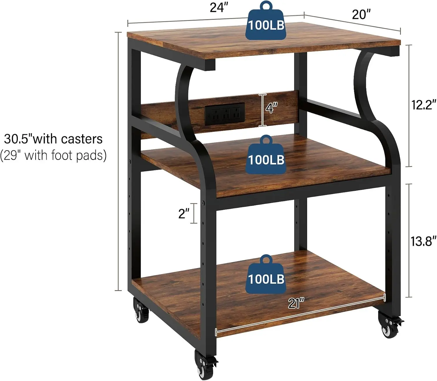 Charging Station Printer Stand Wheels Steel Tube Three Tier Industrial Shelf
