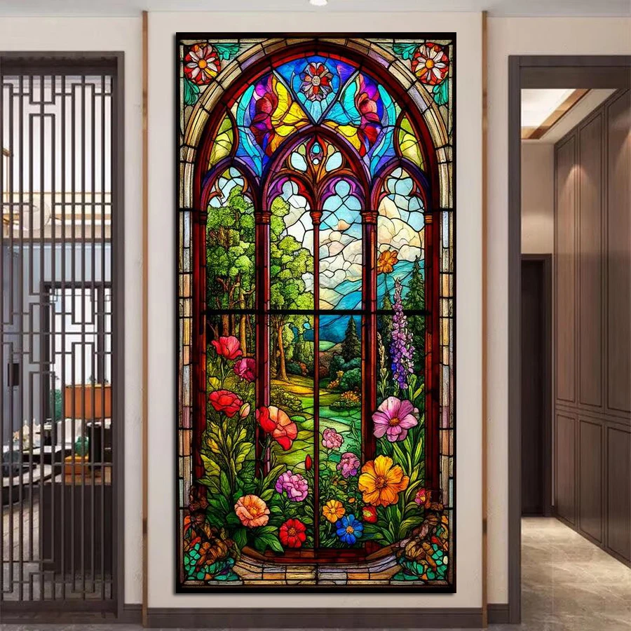 

Fullcang витражный цветок большого размера Diy наборы алмазной живописи абстрактный оконный пейзаж полная мозаика вышивка картина