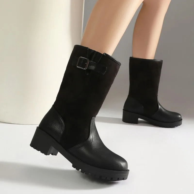 2026 Autumn New Women's Western Cowboy Boots Fashion Splicing Wrinkle Casual Round Head Boots