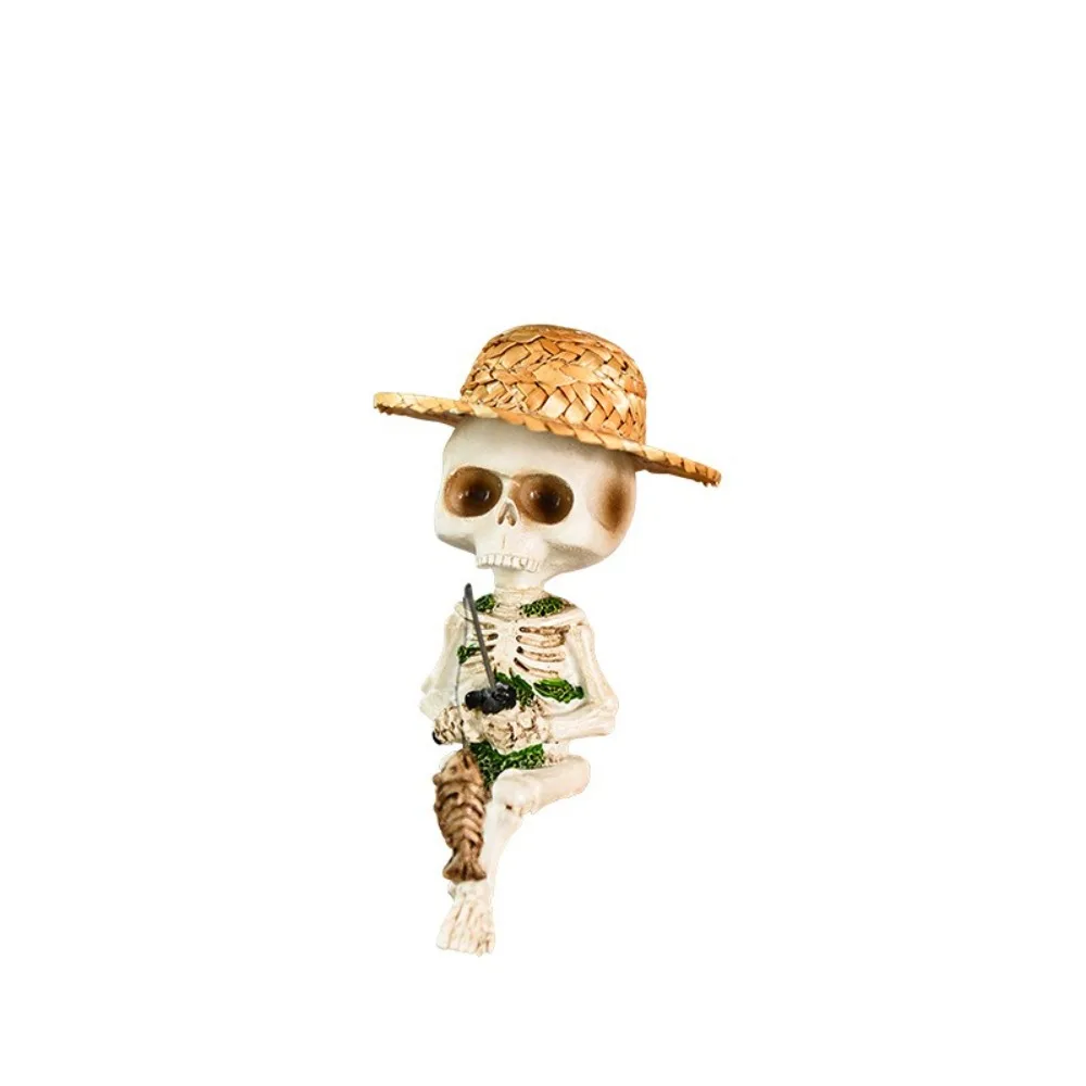 Creative Resin Fishing Skull Ornament Resin Craft Garden Accessories Miniature Skeleton Figurine Courtyard Terrarium