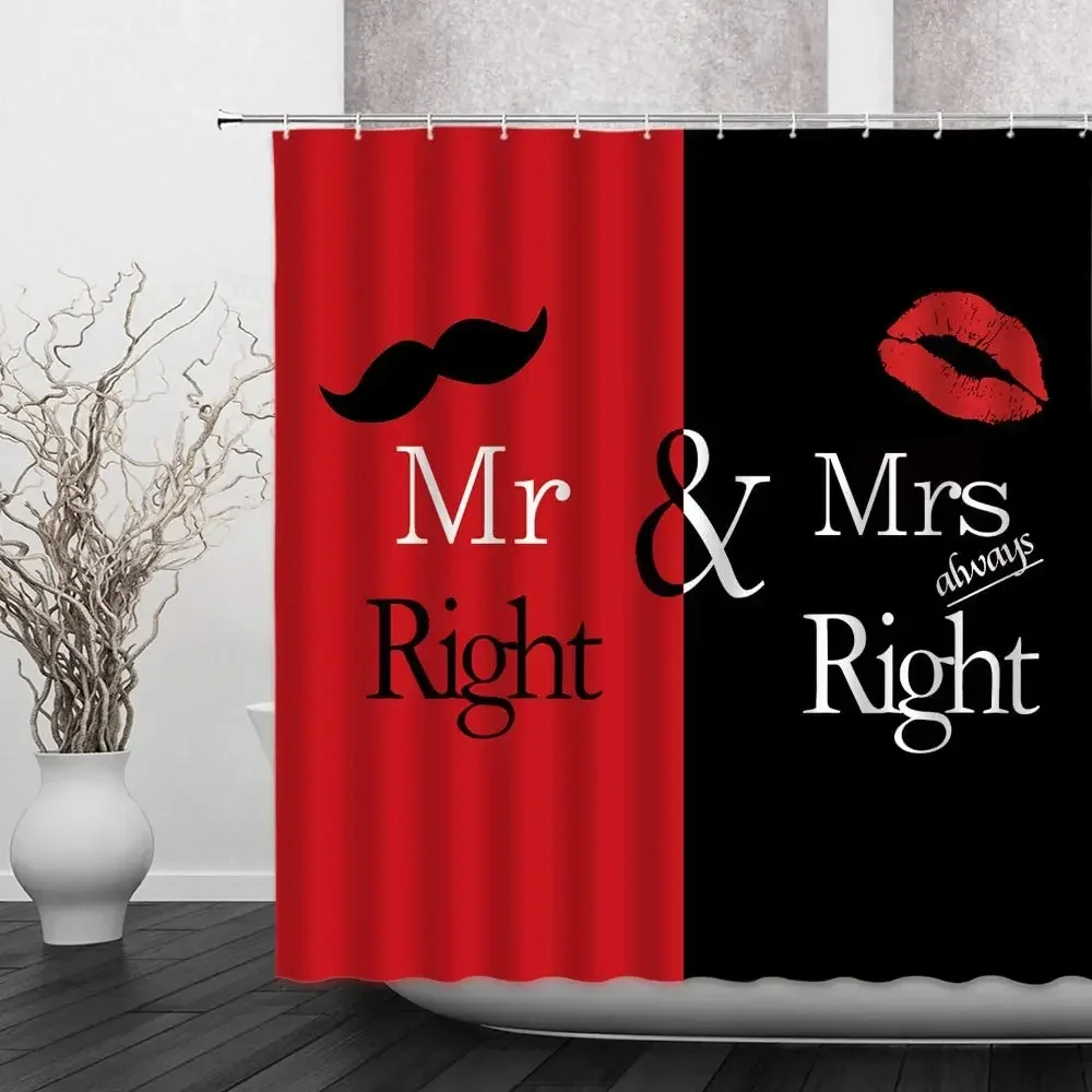 Mr Mrs Shower Curtain Black Red Creative Love Man Mustache Woman Lip Romance Funny Valentine Day Cloth Bathroom Decor with Hooks