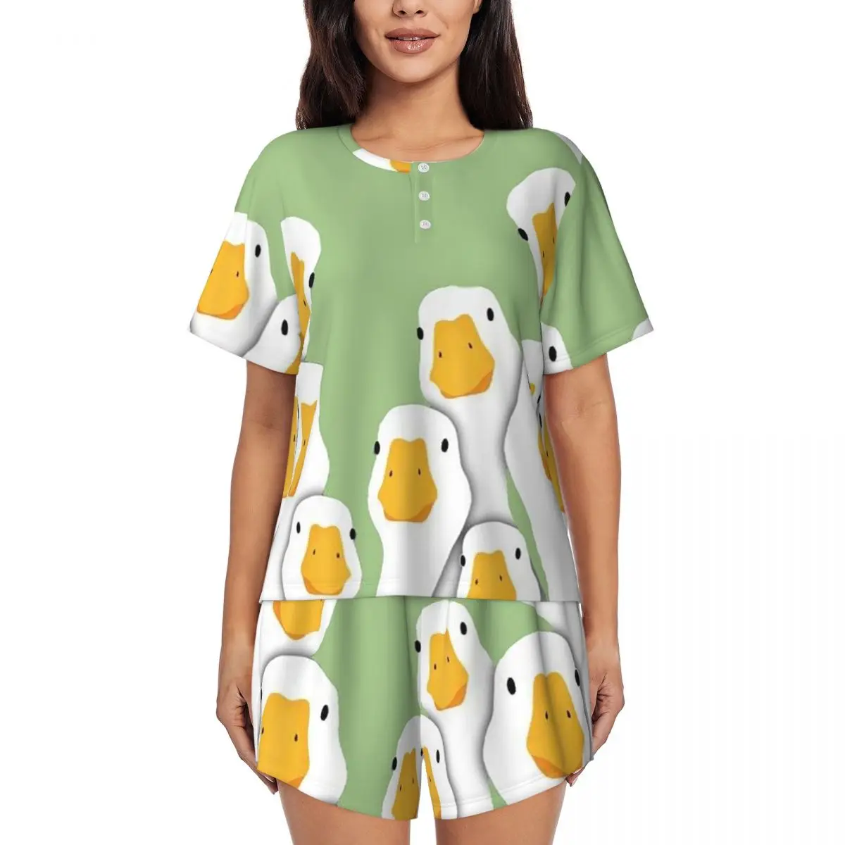 

Cartoon Popular Goose Animal Round Neck Short Sleeves Nightdress for Sleeping Sleepshirts Women Soft Pajama Set Short Pants