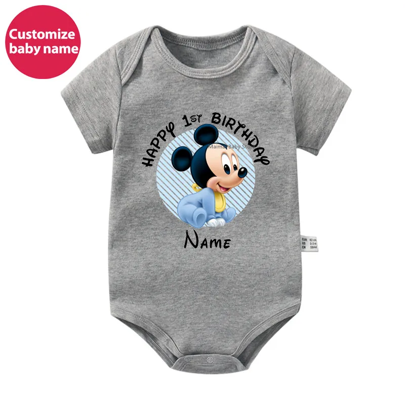 New Custom Name Baby Boys Girls Bodysuits Personalised Happy 1st Birthday Mickey Minnie Mouse Infant Birthday Rompers Gifts