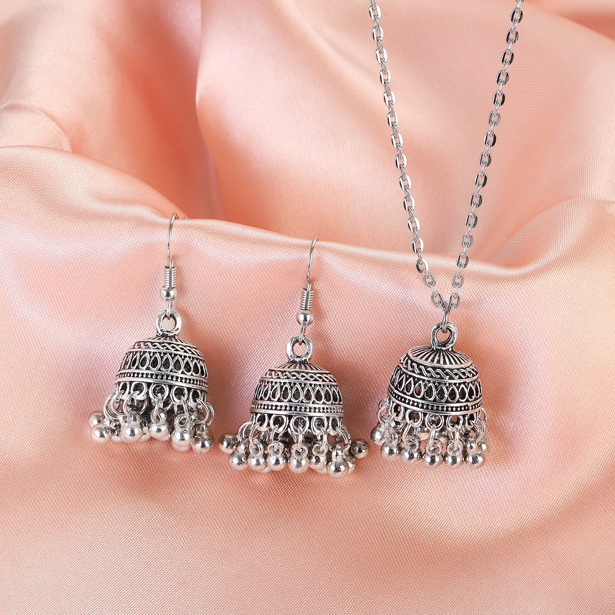 Ethnic Indian Wedding Jewelry Set for Bride Silver Color Carved Bells Necklace&Earring Vintage Dangle Earrings Gifts