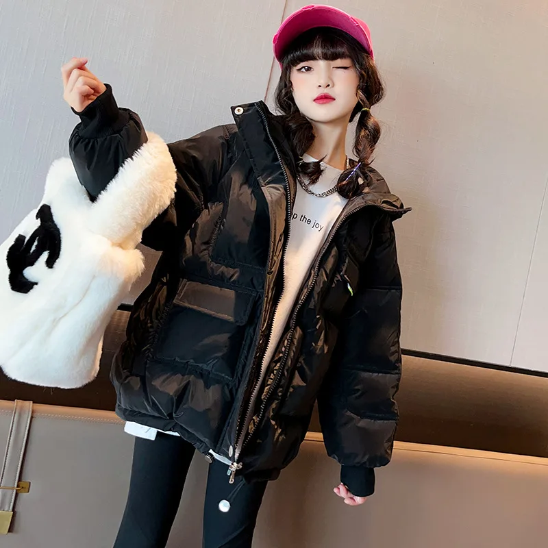 

Girls' winter cotton jacket with added velvet and thick coat, new style for middle-aged and large children's cotton jacket, chil