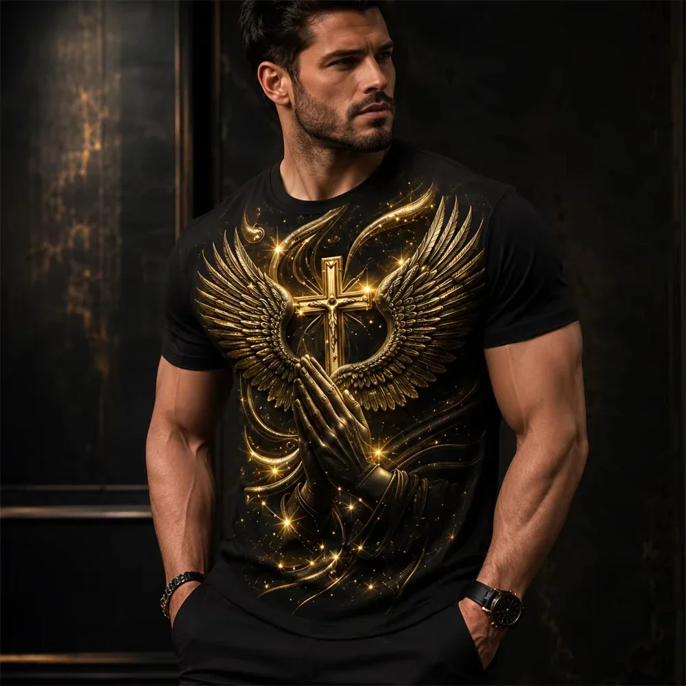 3D Graphic Print Angel Wings Cross T Shirt For Men's Short Sleeve Casual Summer Streetwear Fashion Top Spiritual Design Clothing