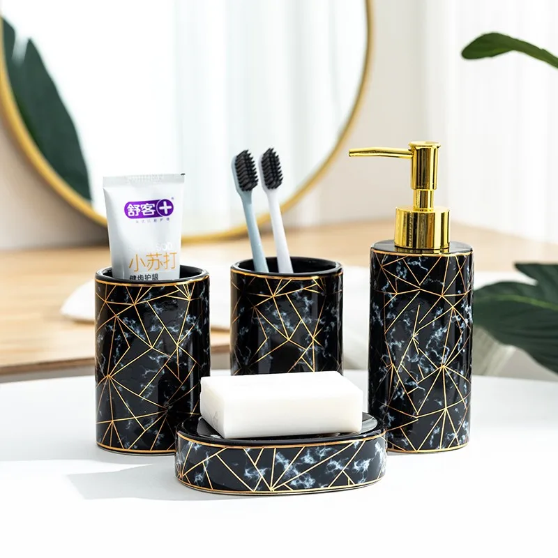 Marble Texture Pattern Bathroom 4pcs Set Northern Europe Ceramics Kit for Restroom Soap Dispenser Toothbrush Holder Soap Box