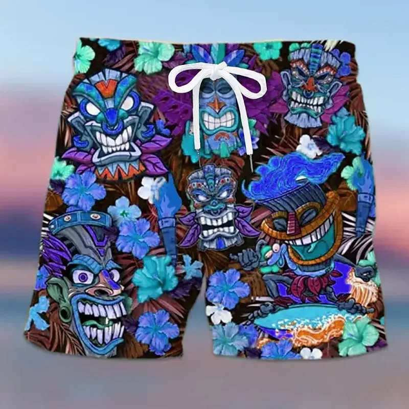 Tiki Mask Tropical Floral Print Boardshorts Unisex for Men, Teens Quick Dry Loose Fit Casual Daily Summer Swim Shorts