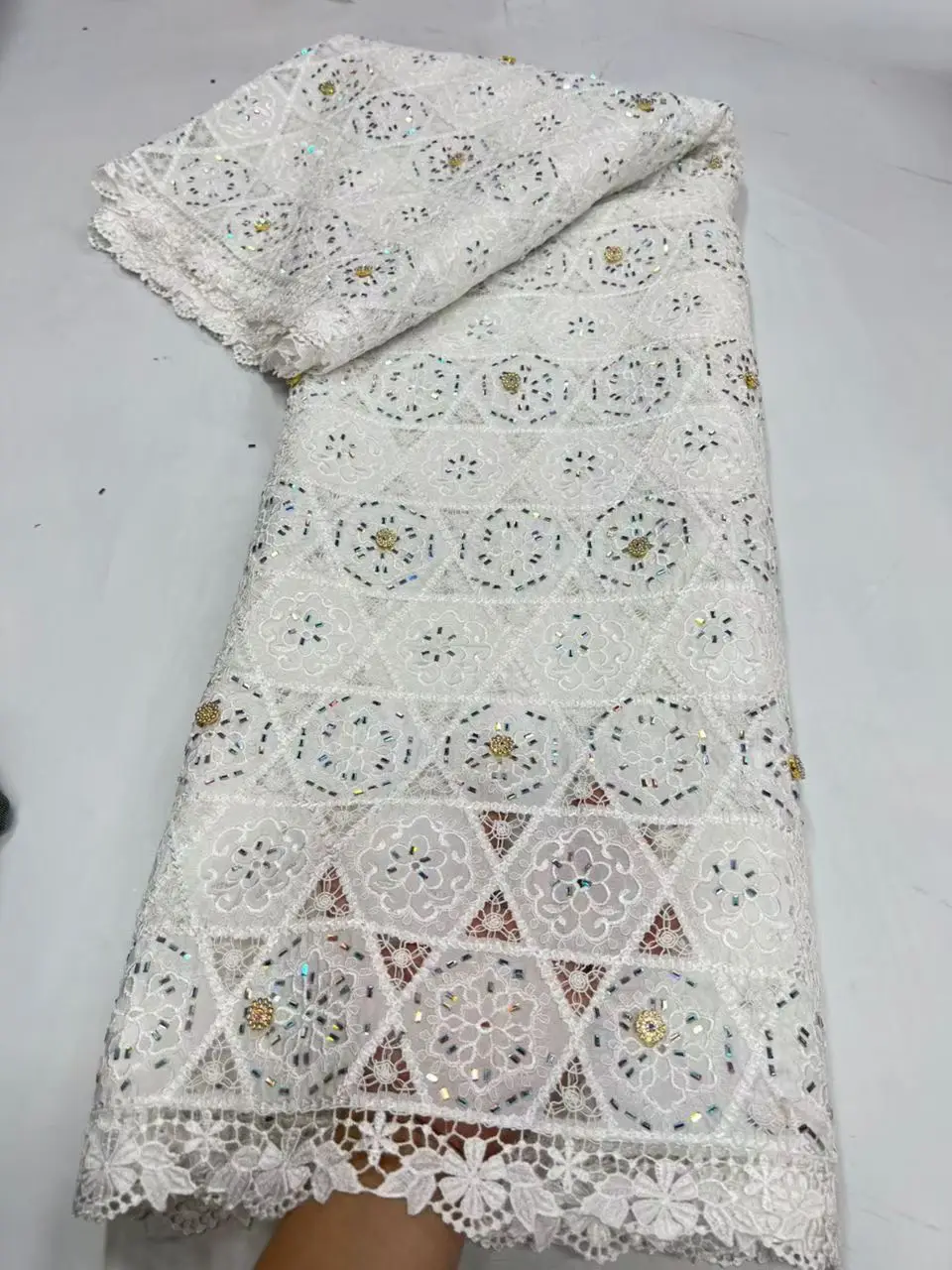 

2026 High Quality Africa Nigerian Tulle Lace Fabric Sequins for Wedding Dress Chiffon Party Guipure Sewing cotton 5Yard JL563