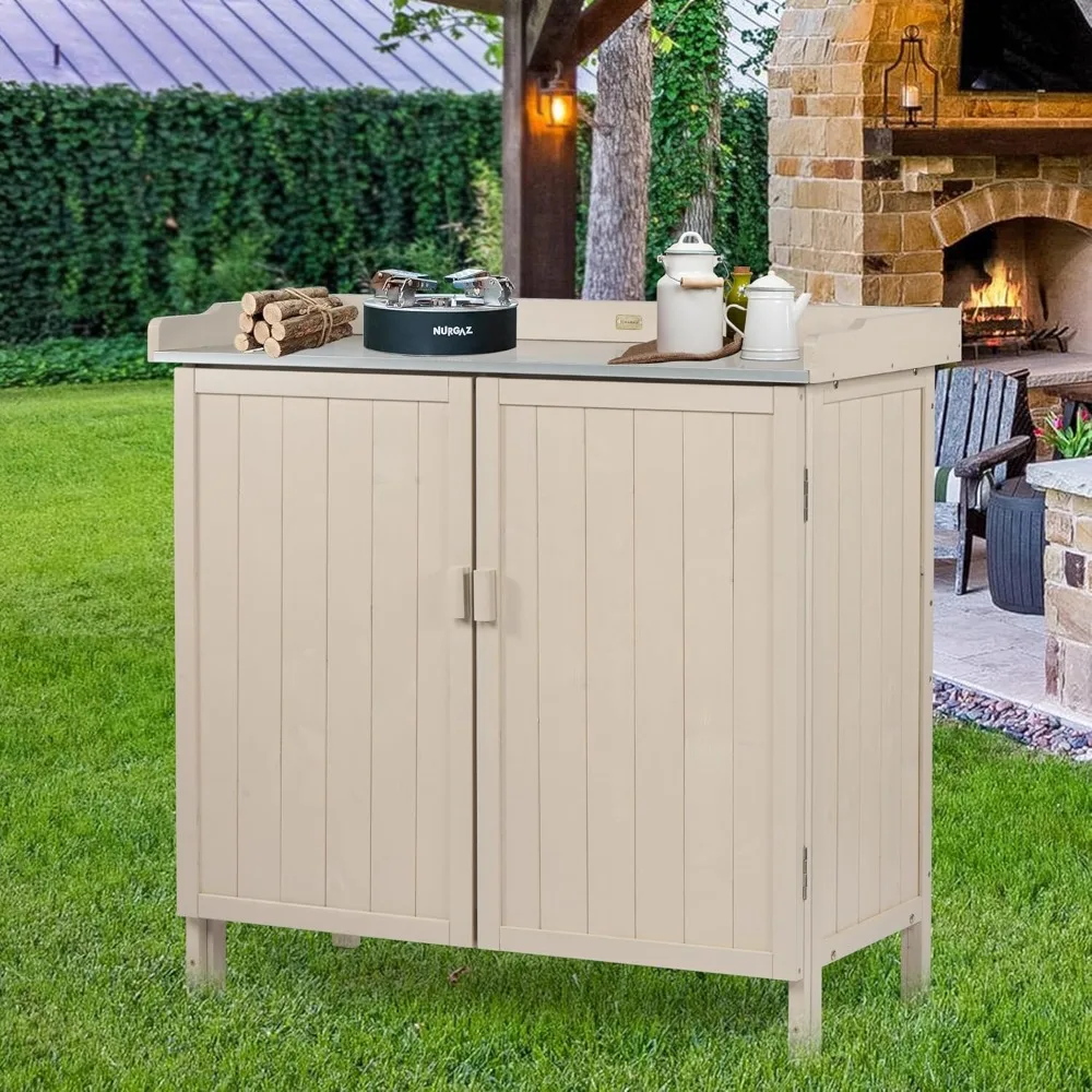 Outdoor Storage Cabinet with Potting Bench & Metal Tabletop, Wooden Planting Workstation for Garden Patio, Customized