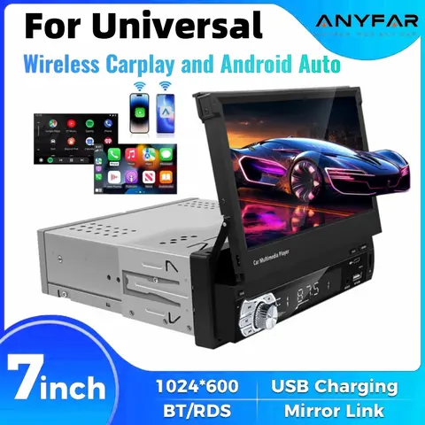Universal 7 Inch Flip Out Car Stereo 1 Din Car Radio Wireless Carplay Android Auto WIFI GPS Navigation Retractable HD Screen
