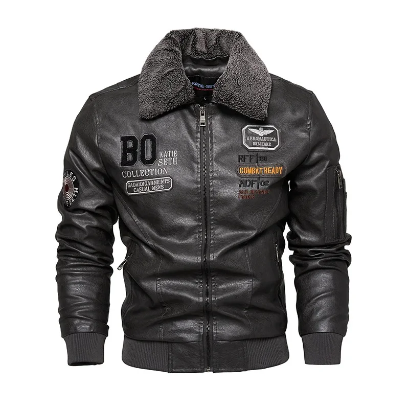 Men\'s Winter Leather Jacket Windproof Fashionable Motorcycle PU Jacket Coat Faux Leather Pockets Outwear Fleece Thick Warm Parka