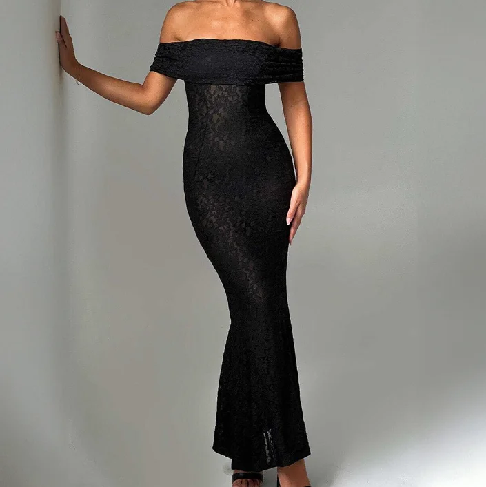 

Elegant Party Women's Dresses Sexy Backless Sexy One Shoulder Lace Hollow High Waist Bodycon Dress Sexy Party Fishtail Dress