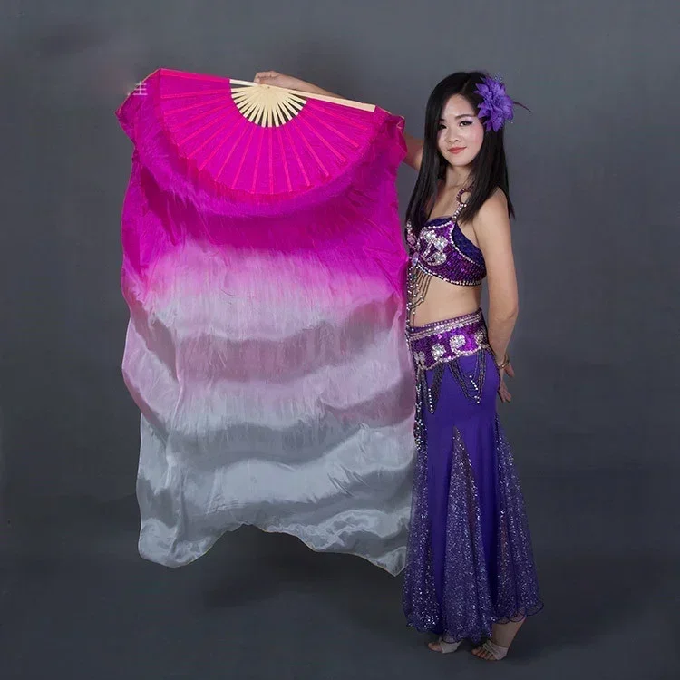 Colors dyed 100% pure natural silk fan veils for Belly Dance 180cm Long silk fan for dancer performance veil fan A pair