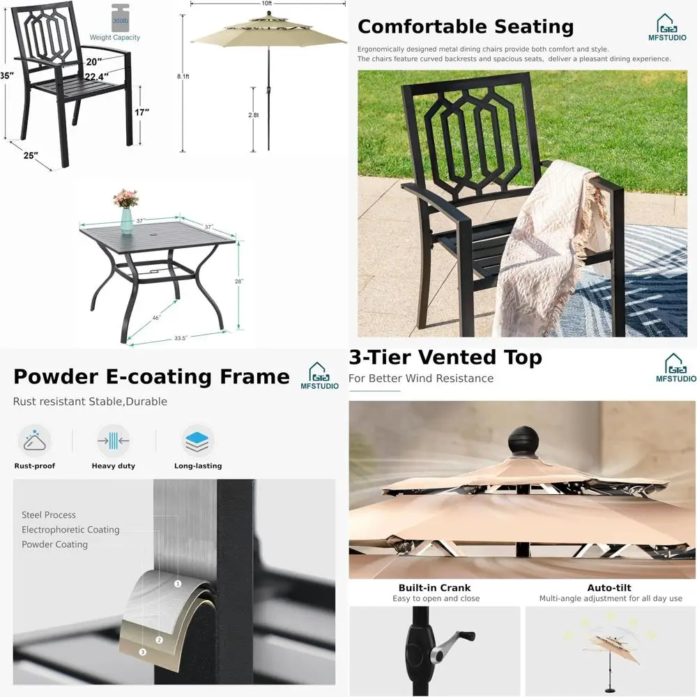 

Бежевый комплект для обеденной зоны на открытом воздухе с 4 складными стульями, металлическим столом и зонтом 10 футов (основание в комплект не входит)