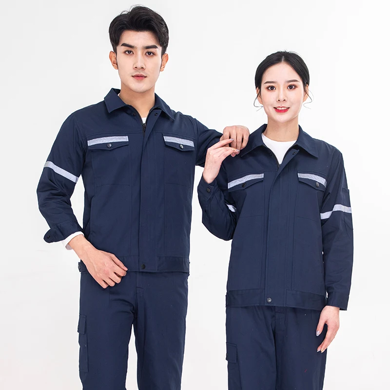 Men'S Cotton Work Suit Print Logo Reflective Strip Long Sleeved Electrician Factory Workshop Uniform Mechanic Repairman Clothes