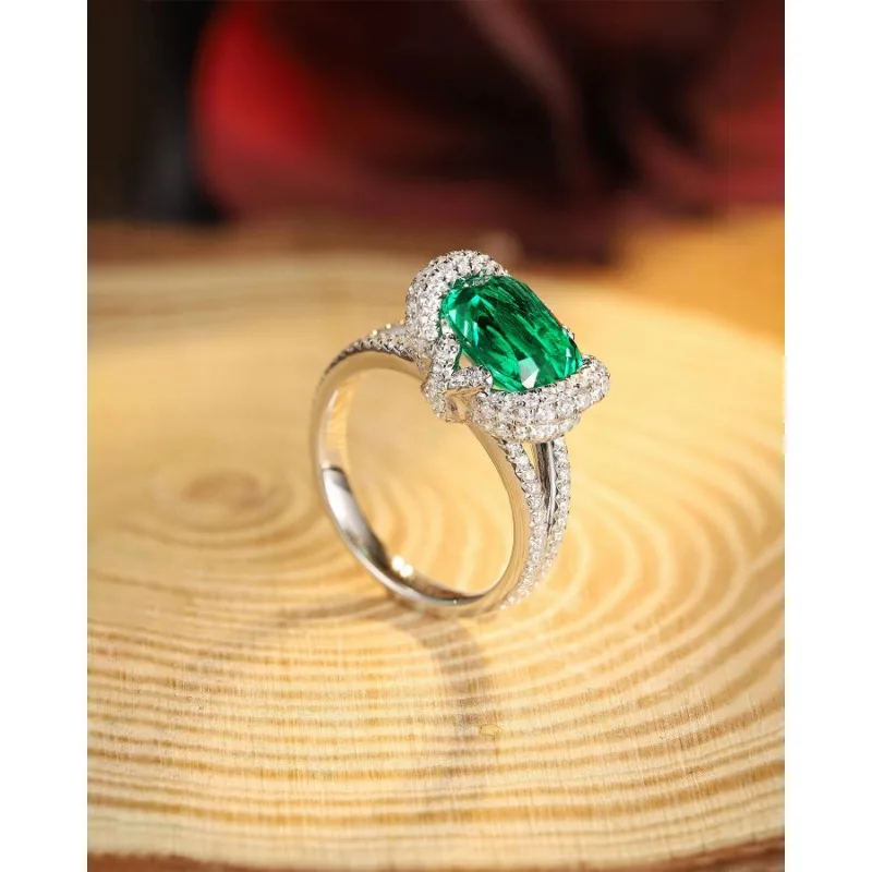 Ruihe New 925 Silver 2.985ct Cushion Shape Lab Grown Emerald Gemstone Women Ring Jewelry Personalized Fashion Gift