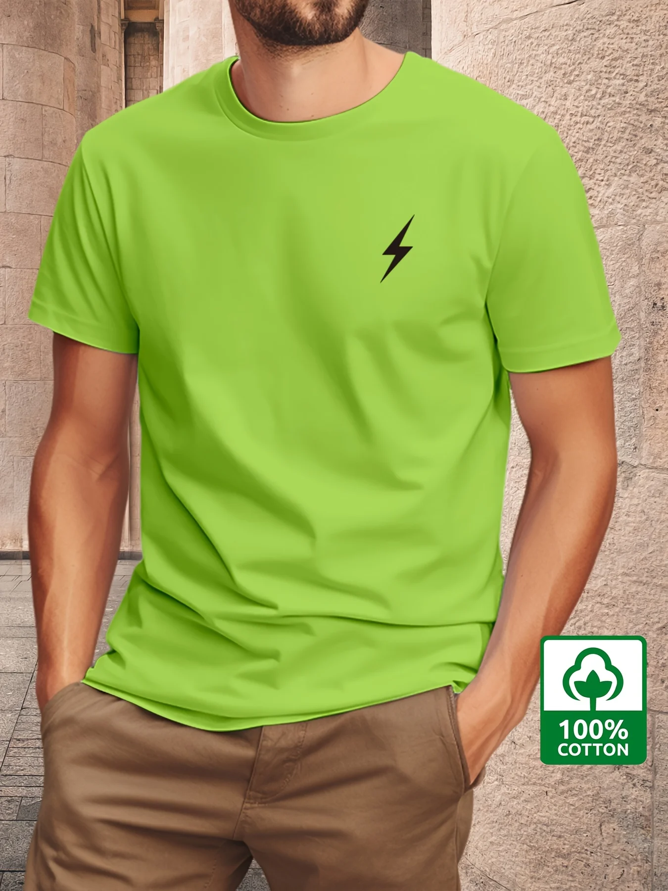 Men's Summer 100% Pure Cotton Fashionable Casual Loose Lightning Pattern Printed Round Neck Short Sleeved T-Shirt Top