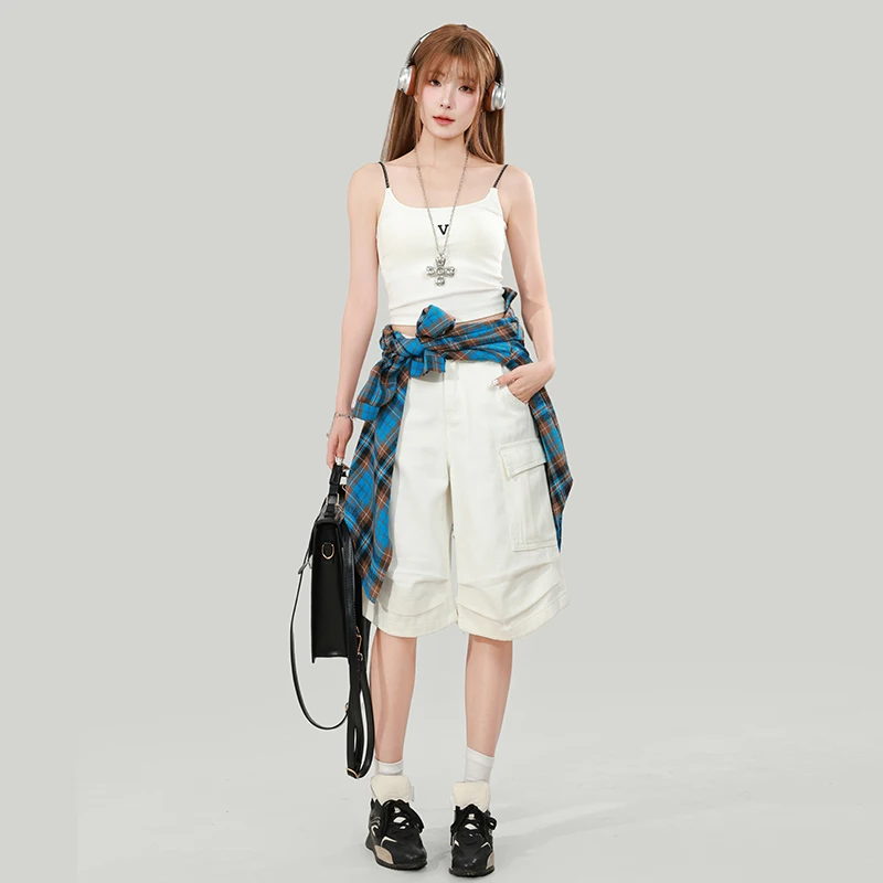 

White workwear-style wide-leg denim shorts for women, summer thin loose slimming multi-pocket casual straight mid-length pants