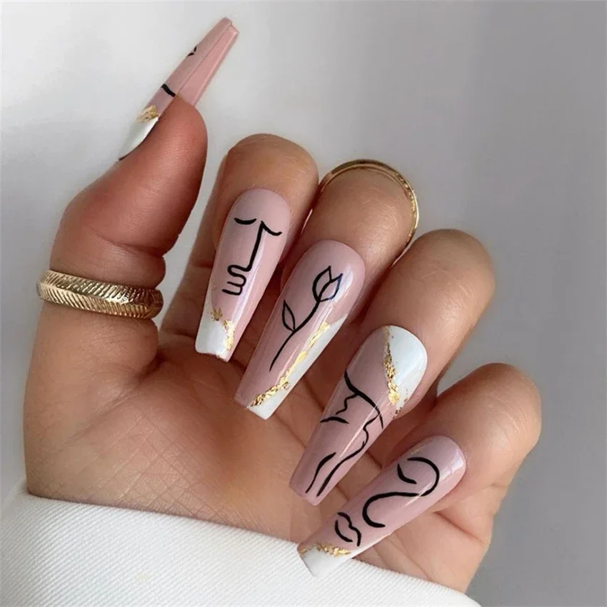 24pcs/set Abstract Hand painted Wearing False Nails American Style Long Fake Nails Art Paste Acrylic Press-on Nails Removable