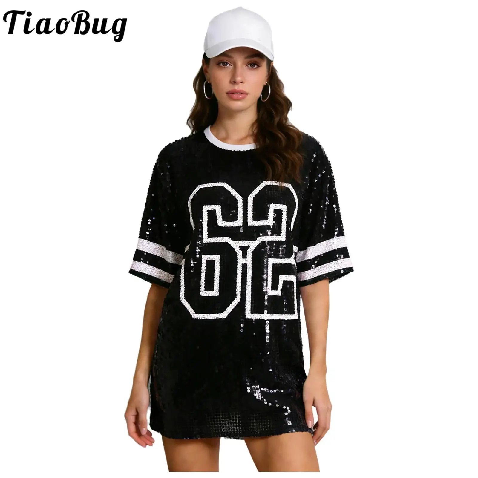 

Женские блестящие спортивные футболки в стиле хип-хоп с пайетками по всей поверхности, с графическим принтом цифр, рукавом 3/4 и круглым вырезом для клубных вечеринок, просмотра спортивных матчей