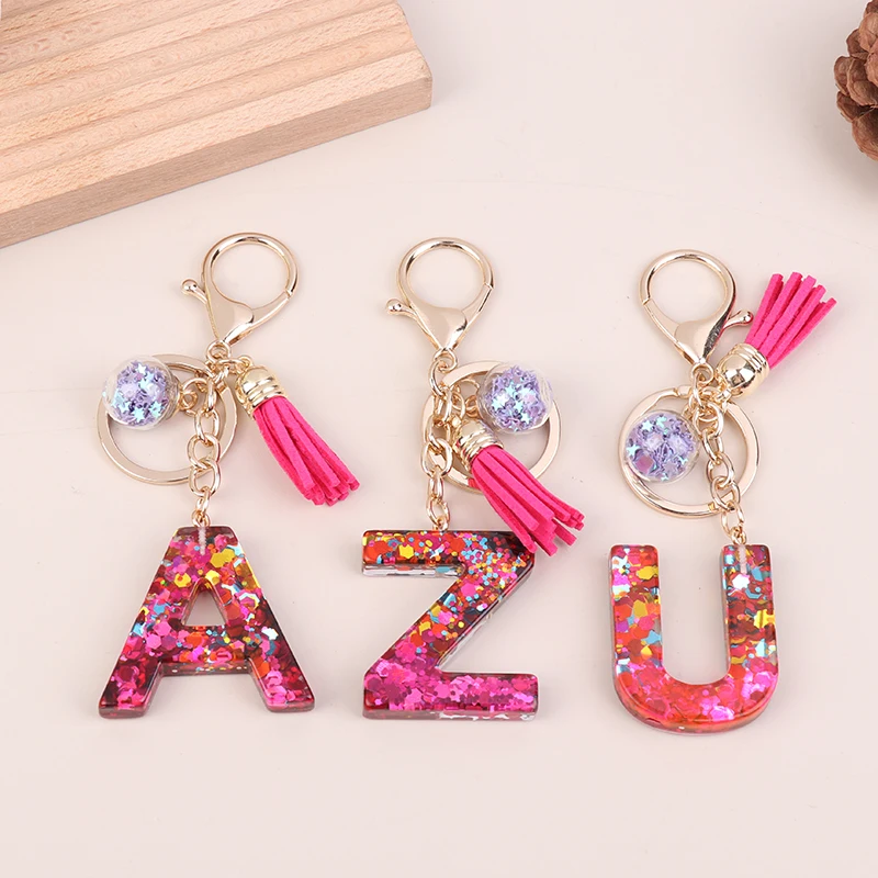 Fashion Tassel Star Ball 26Letters Keychain Colorful Sequins Resin Key Ring For Women Girls Car Handbag Phone Case Pendant Gifts