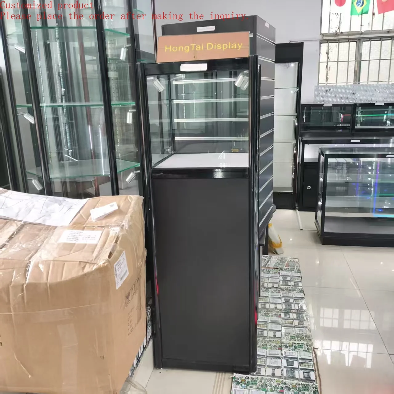 

Custom.Customize Model Rectangular Cabinet With Spot Light Black Aluminum Frame Smoke Shop Display for Elevated Display Cabinet
