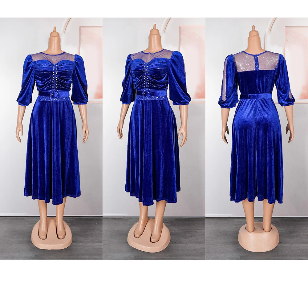 

2025 New Velvet African Dresses for Women Diamonds Elegant Party Evening Dress Africa Clothing Ankara Dashiki Wedding Gown Robe