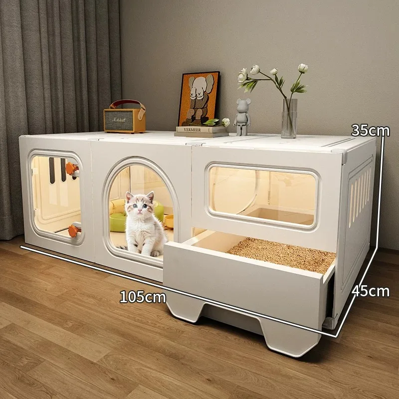 Cat House with Bed and Litter Box Indoor Cat Cage with Bedroom Rest Area Space-Saving Pet Condo for Small Large Cats