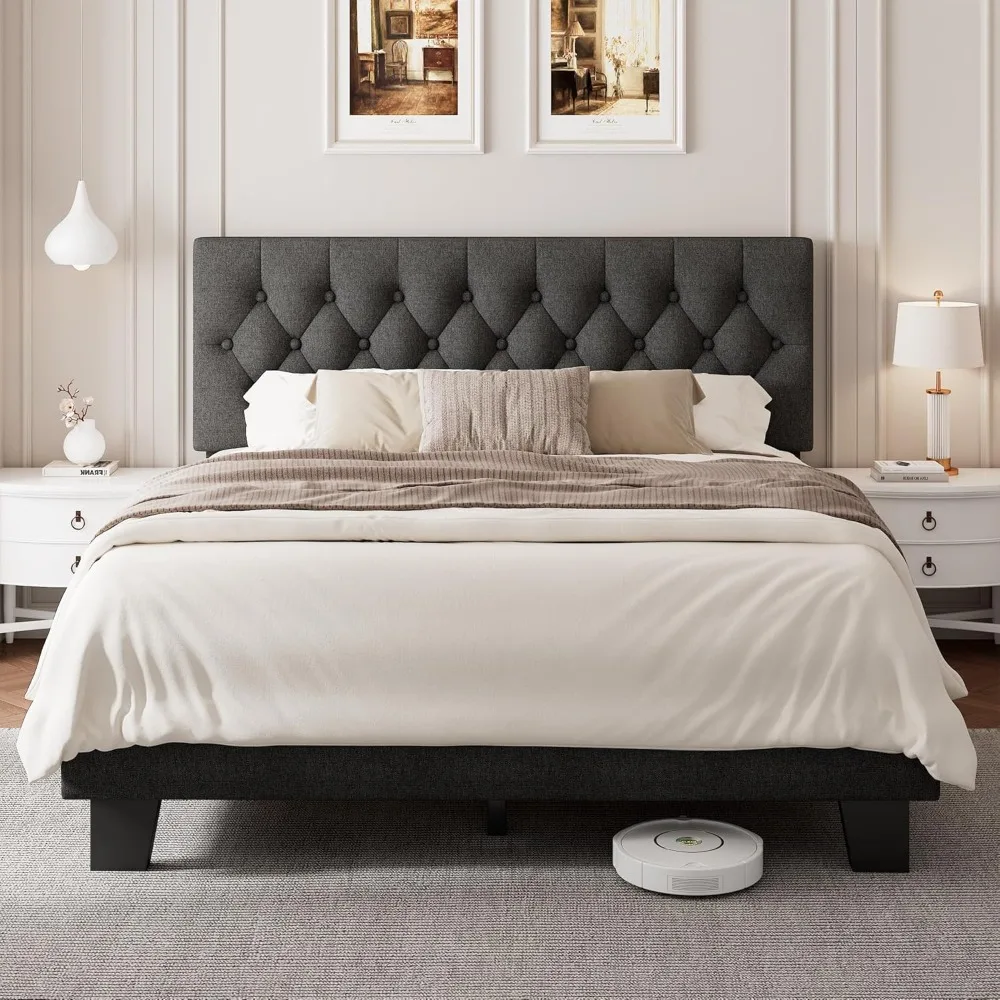

Full Upholstered Bed Frame with Headboard, Button Tufted Linen Bed Base, Platform Bed with Wood Slat, Heavy Duty, Easy Assembly,