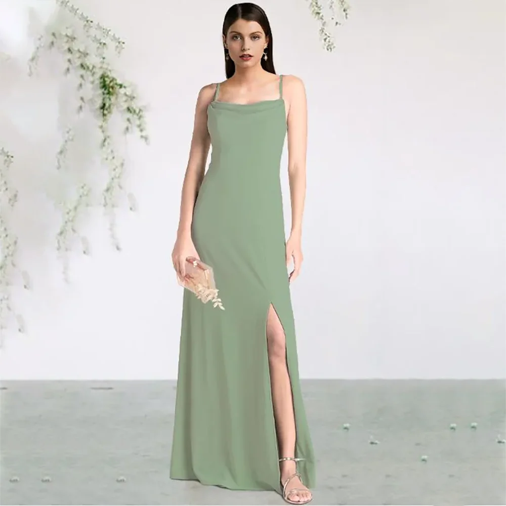 

UETEEY Green Sheath Bridesmaid Dress Spaghetti Strap Sleeveless Side Slit Floor Length Chiffon Wedding Party Gowns 2022