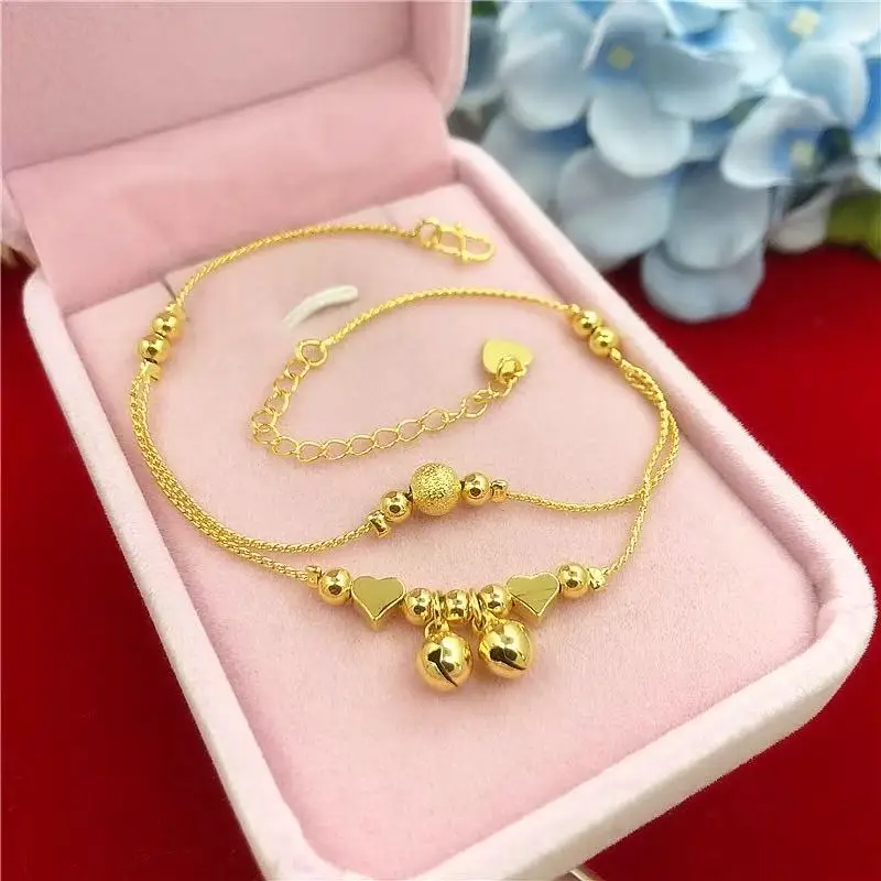 

18K Gold Plated Double Layer Anklet for Women – Boho Charm Dangle Chain with Heart & Bead Pendants – Adjustable Indian Style J