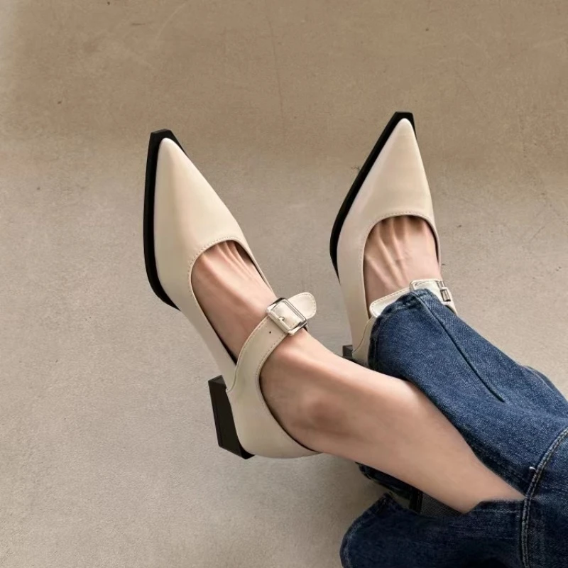 Spring Summer Pointed Toe Women Mary Jane Shoes Women Fashion Elegant Low Heel Shoes Ladies Casual Belt Buckle Pumps