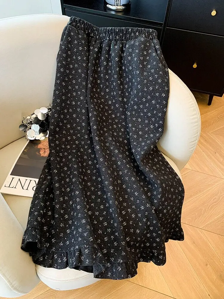 2026 Vintage Flower Print Woolen Skirt Women's Autumn Winter High Waist A-line Skirts Ladies Loose Casual Warm Skirts U593