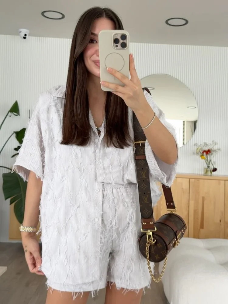 

White Napping Short Pants Suit Women Elegant Half Sleeve Lapel Single Breasted Buckle 2-piece Set 2025 New Summer Casual Outfits