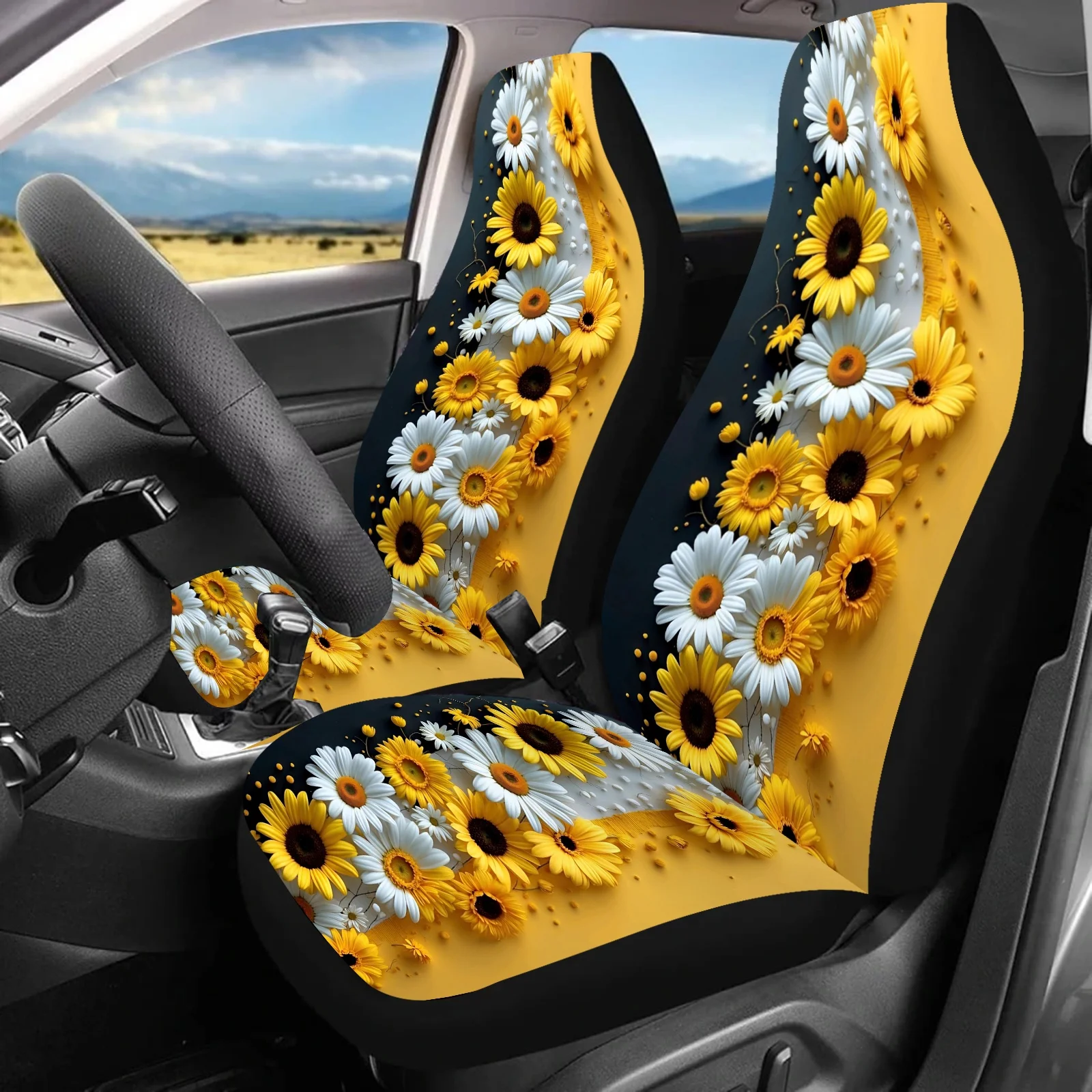 2pcs Sunflower Print Car Seat Covers Compatible For Cars, SUVs, Trucks - Fit Front Seat Protectors With Flower &, For Women & Me