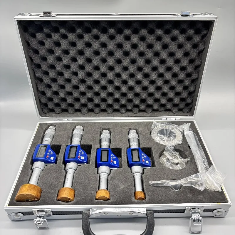 

2025 комплектов из четырех больших цифровых трехточечных внутренних микрометров, набор измерительных инструментов, 50-100 мм, установочное кольцо, алюминиевая коробка