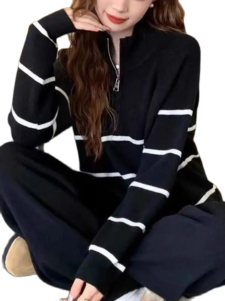 Casual Striped Knitted Half Zipper Pullover Sweater+Loose Wide Leg Pants Two-Piece Set 2024 New Fashionable Women'S Clothing