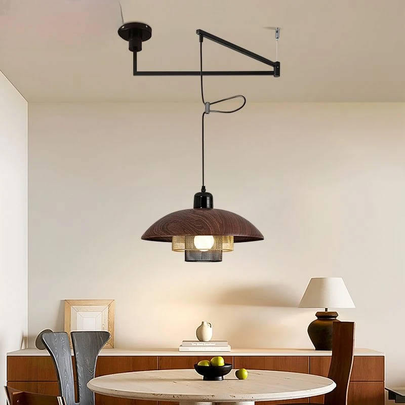 Vintage Walnut Pattern LED Pendant Light Medieval Dining Table Bar Restaurant Wabi Sabi Style Homestay Eye Protection Arm Lamp